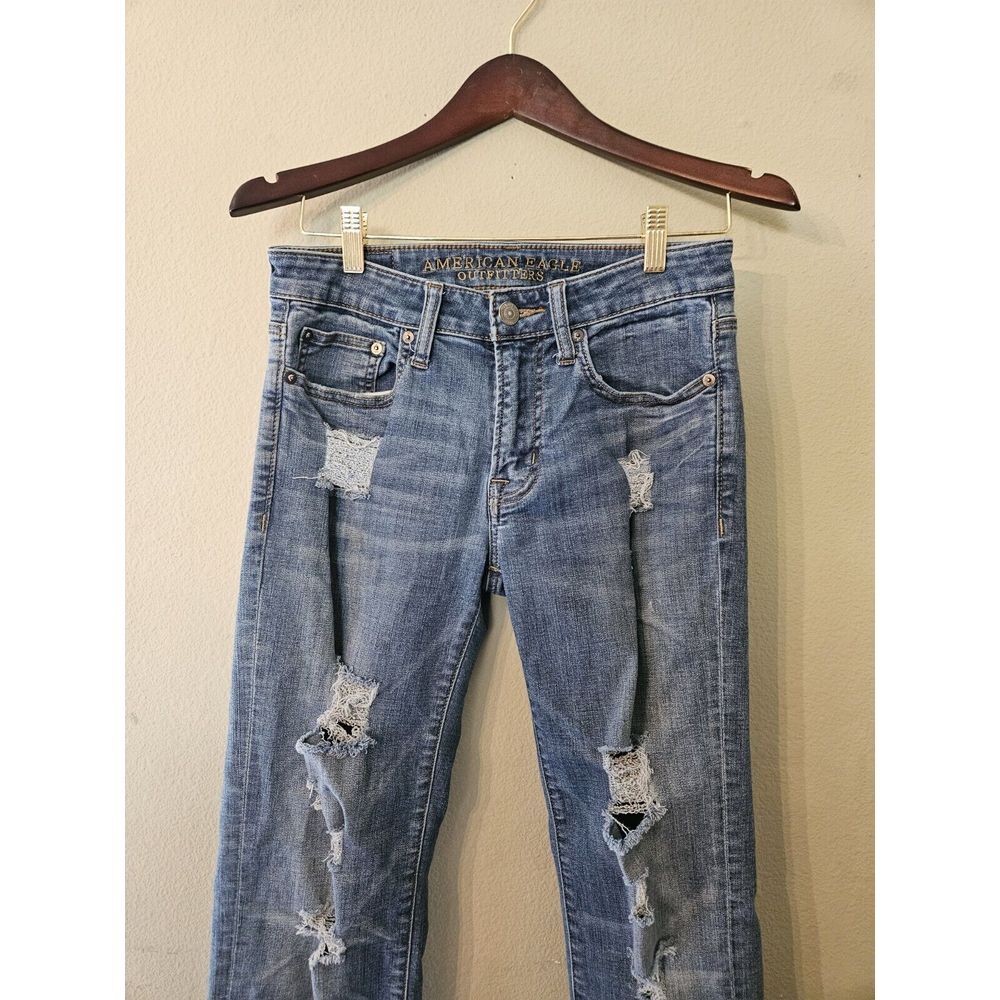 AMERICAN EAGLE 360 Extreme Flex BLUE Denim Distress Slim Straight Jeans Sz 28x30